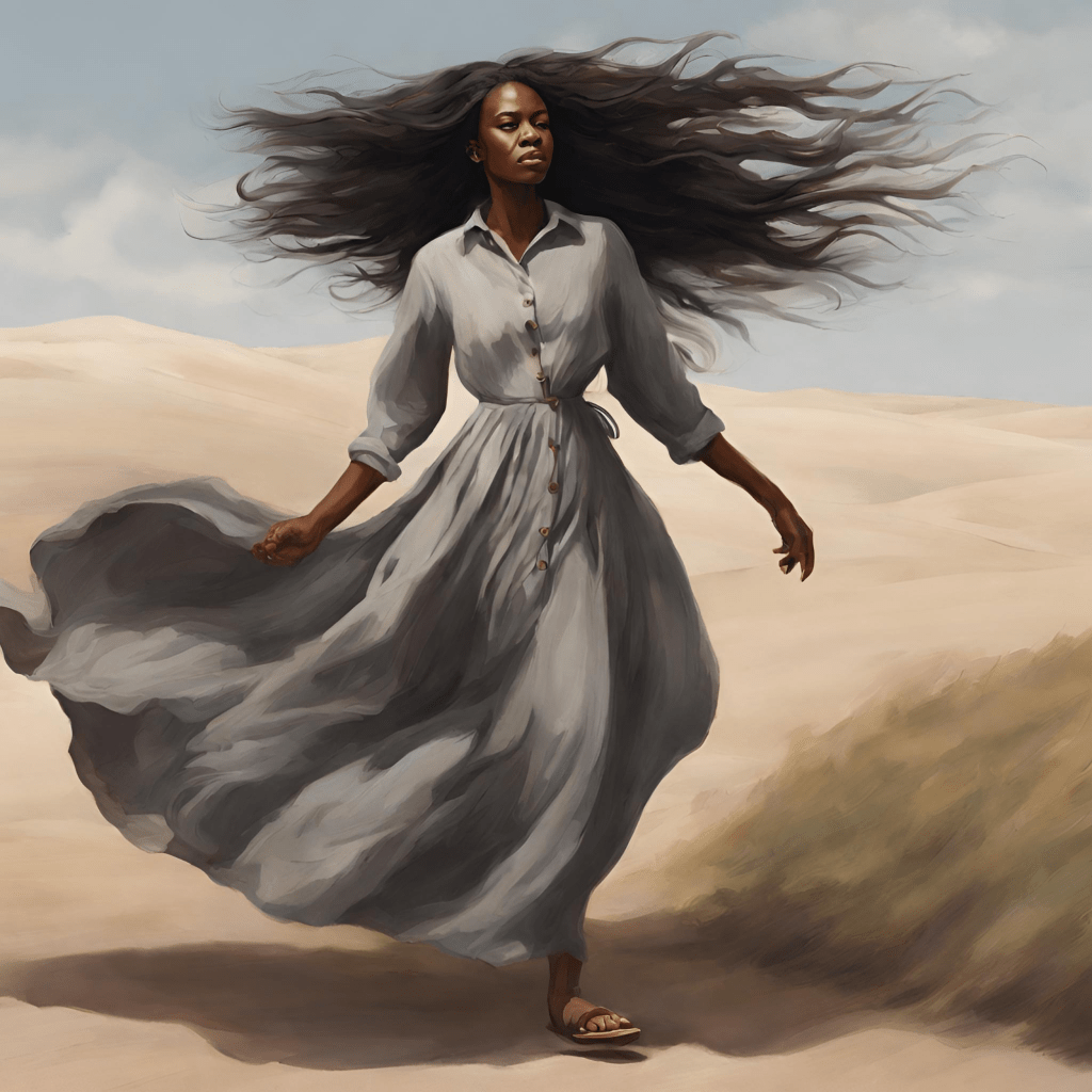 Black woman with flowing natural hair in light blue dress from Another Way