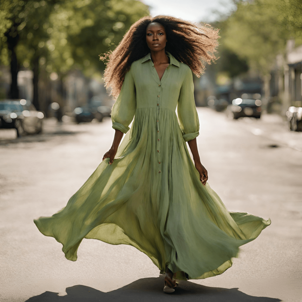 Black woman with flowing pistachio green dress from brand Another Way