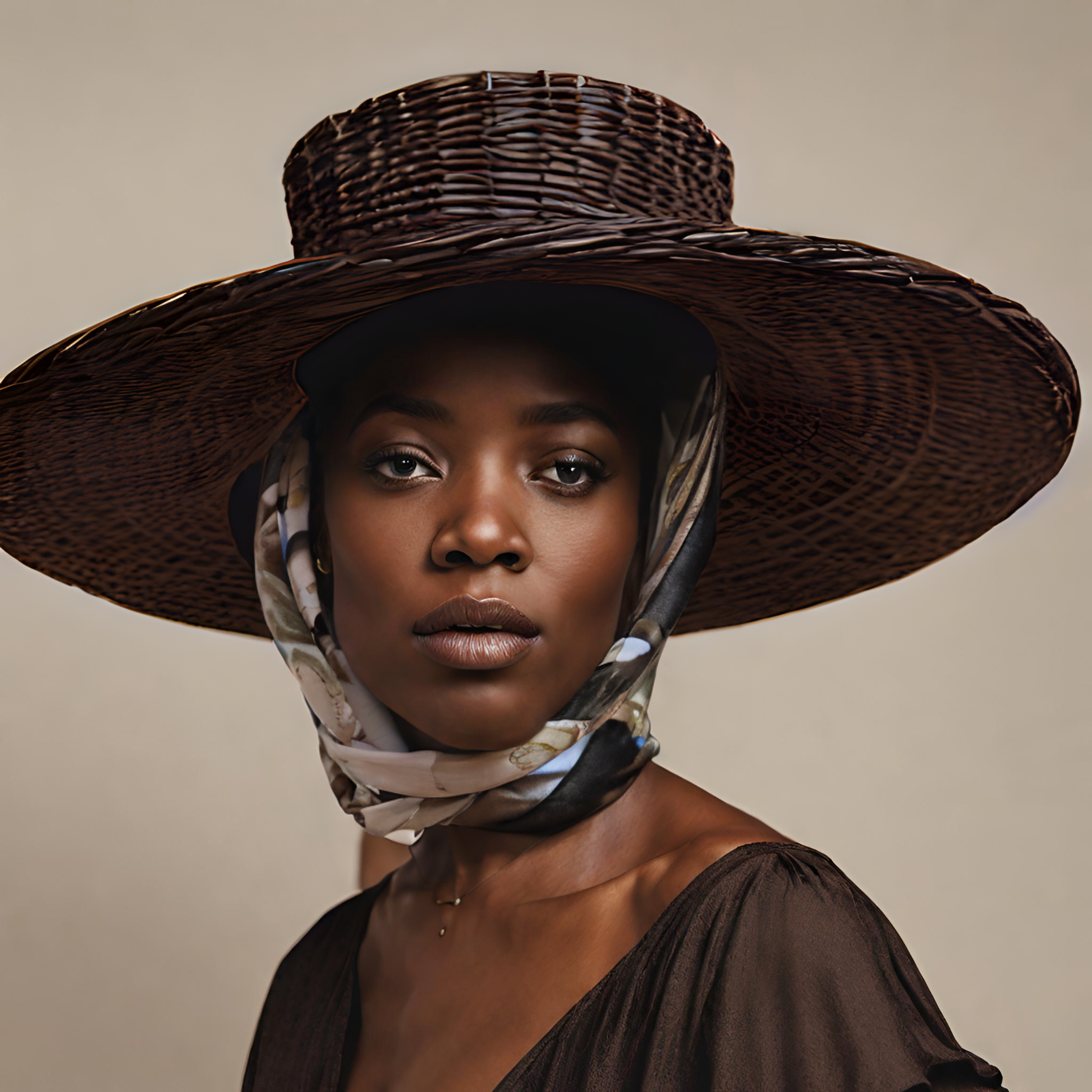Black woman in wide-brimmed dark-nude wicker hat and protective silk headscarf (fuska style)