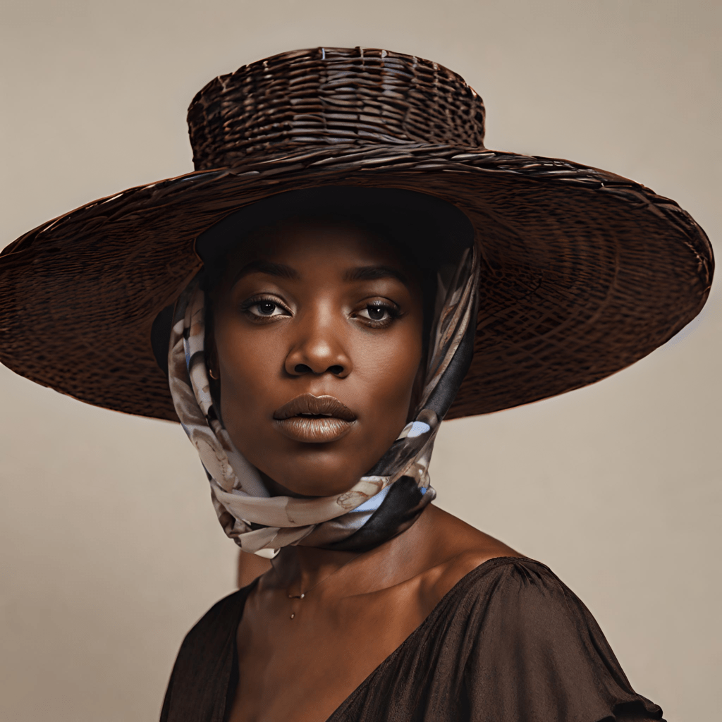 Black woman in wide-brimmed dark-nude wicker hat and protective silk headscarf (fuska style)