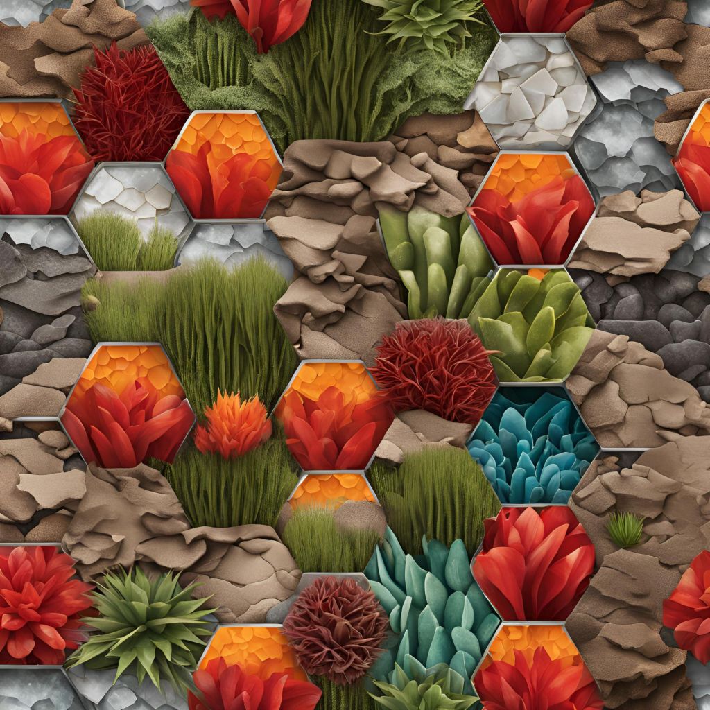 Mosaic made from hexagonal tiles of varying colors and natural textures. Copyright Auspicious Assets LLC 2024