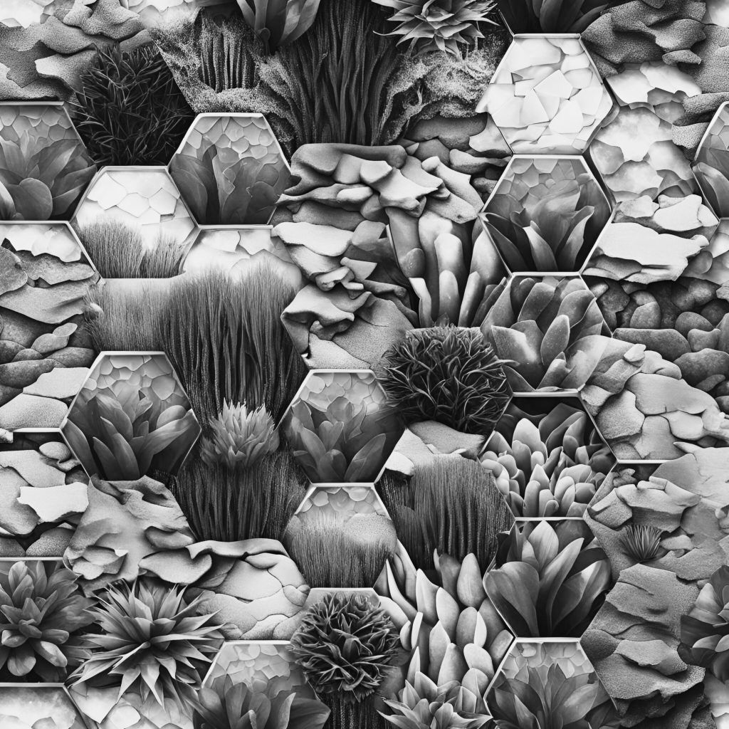 Mosaic made from hexagonal tiles of varying textures. Copyright Auspicious Assets LLC 2024