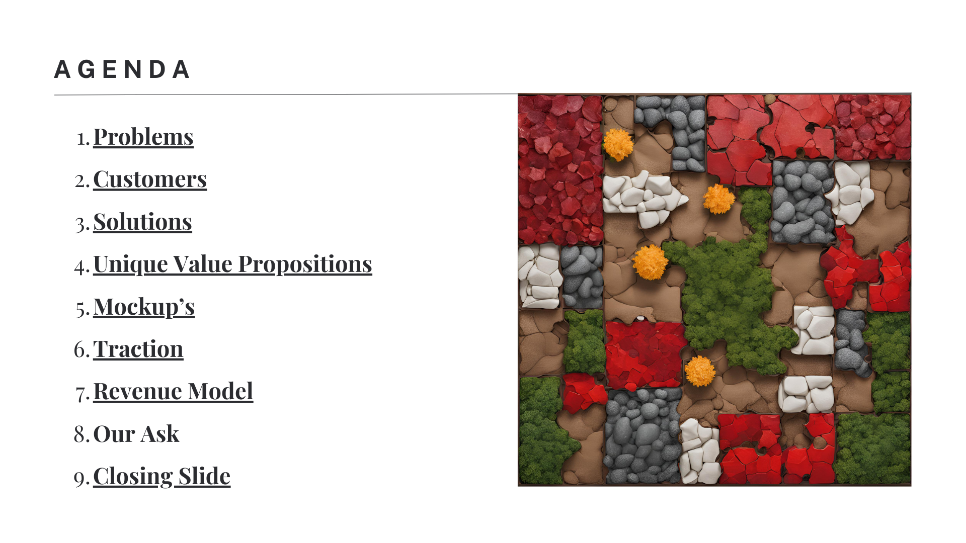 Auspicious Assets Pitch Deck “Contents” Slide