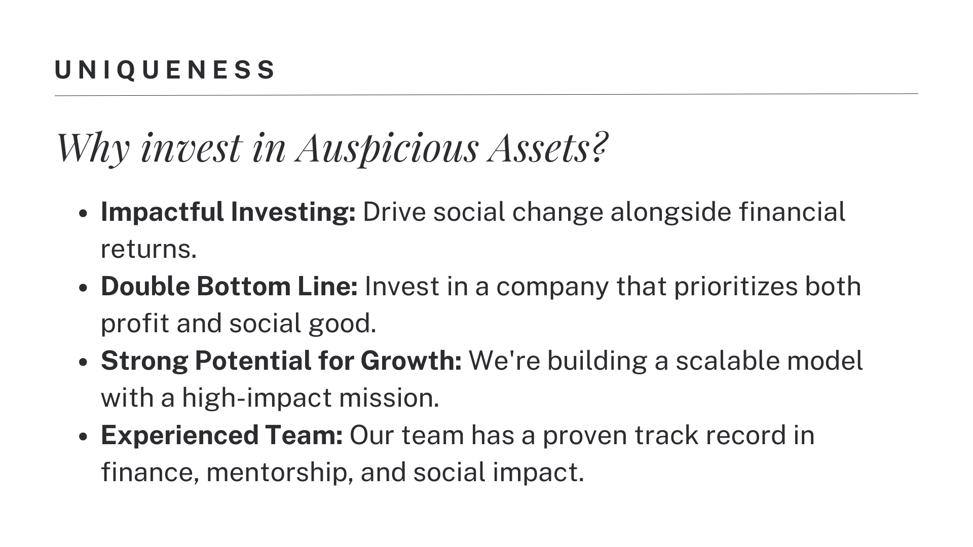 Auspicious Assets Pitch Deck “Unique Value Proposition” Slide