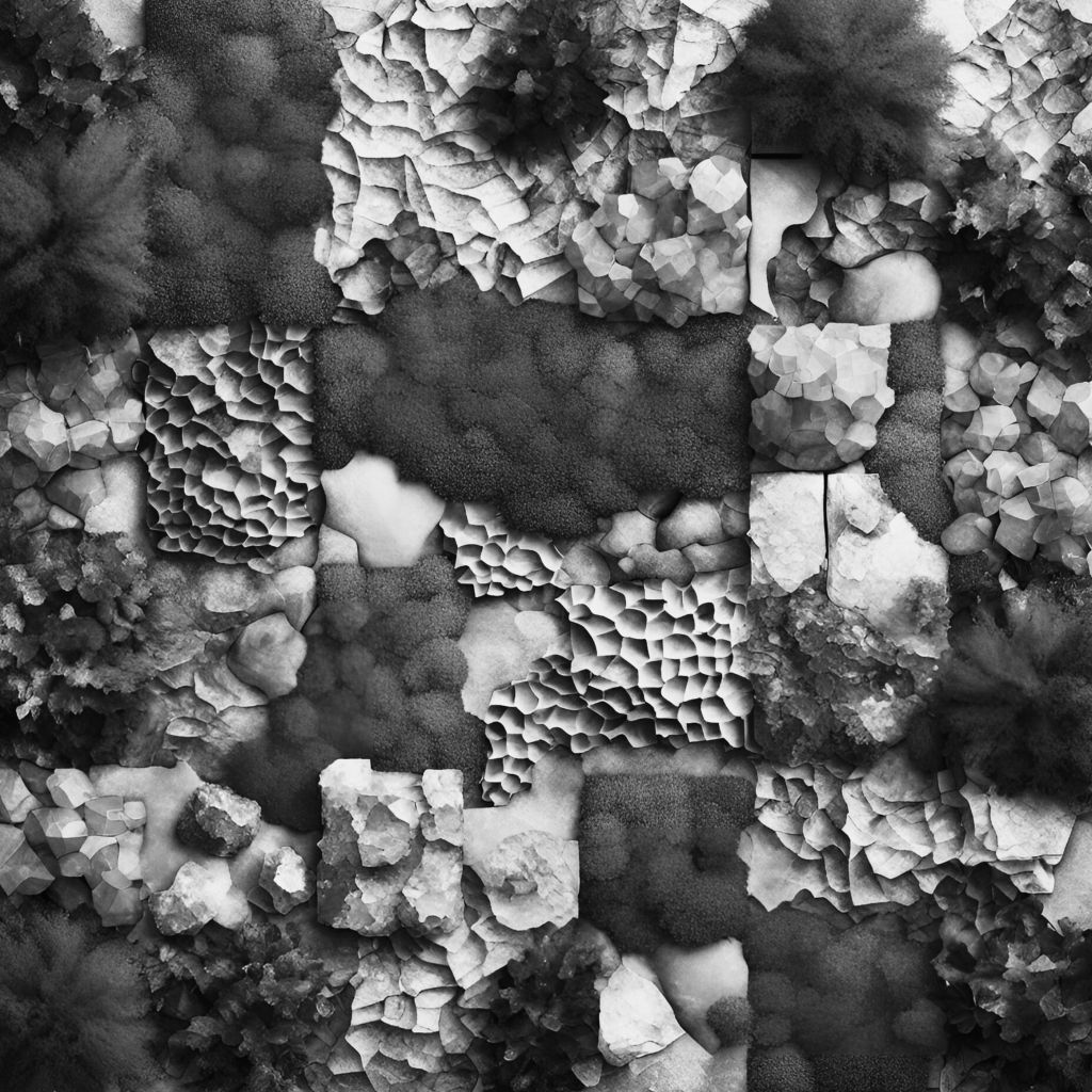 Black and white mosaic made from tiles of varying textures, shapes, and sizes. Copyright Auspicious Assets LLC 2024